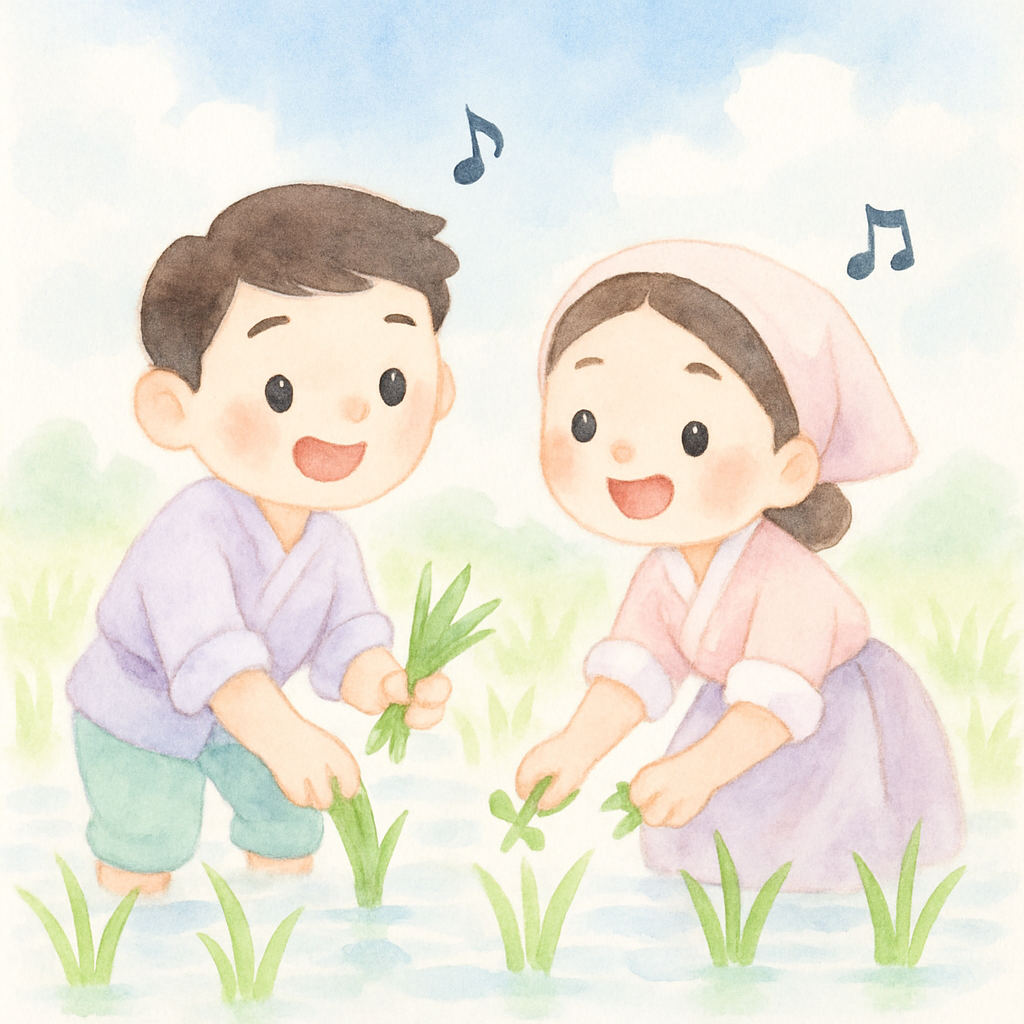 총각과 우렁 색시가 함께 논에서 일하며 노래하는 장면